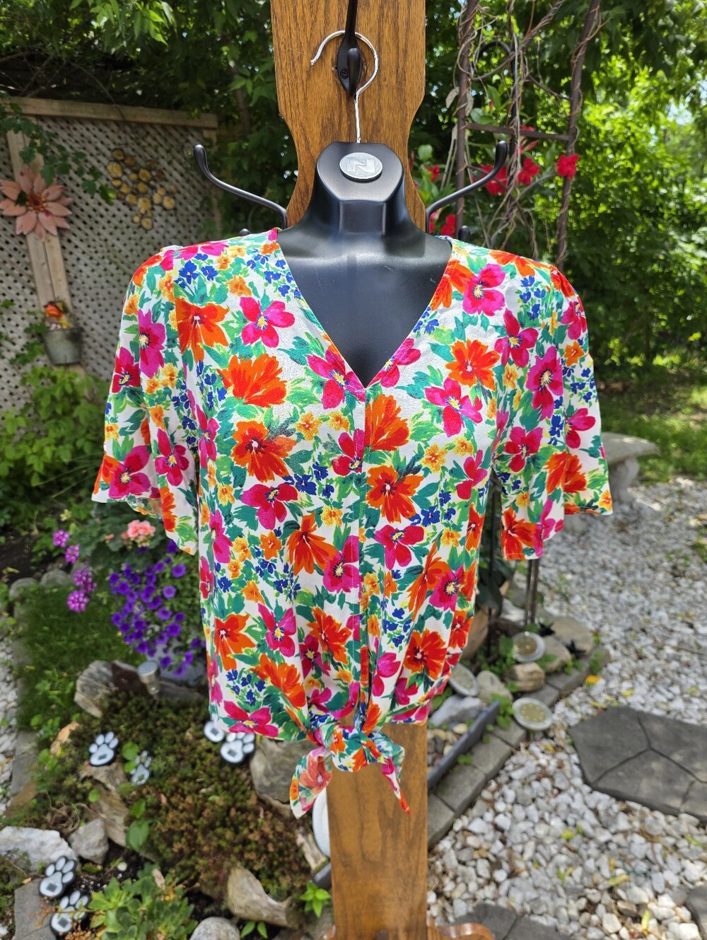 Colourful Floral Tie-Front V-Neck Women's Lightweight Flowy Top - Size M
